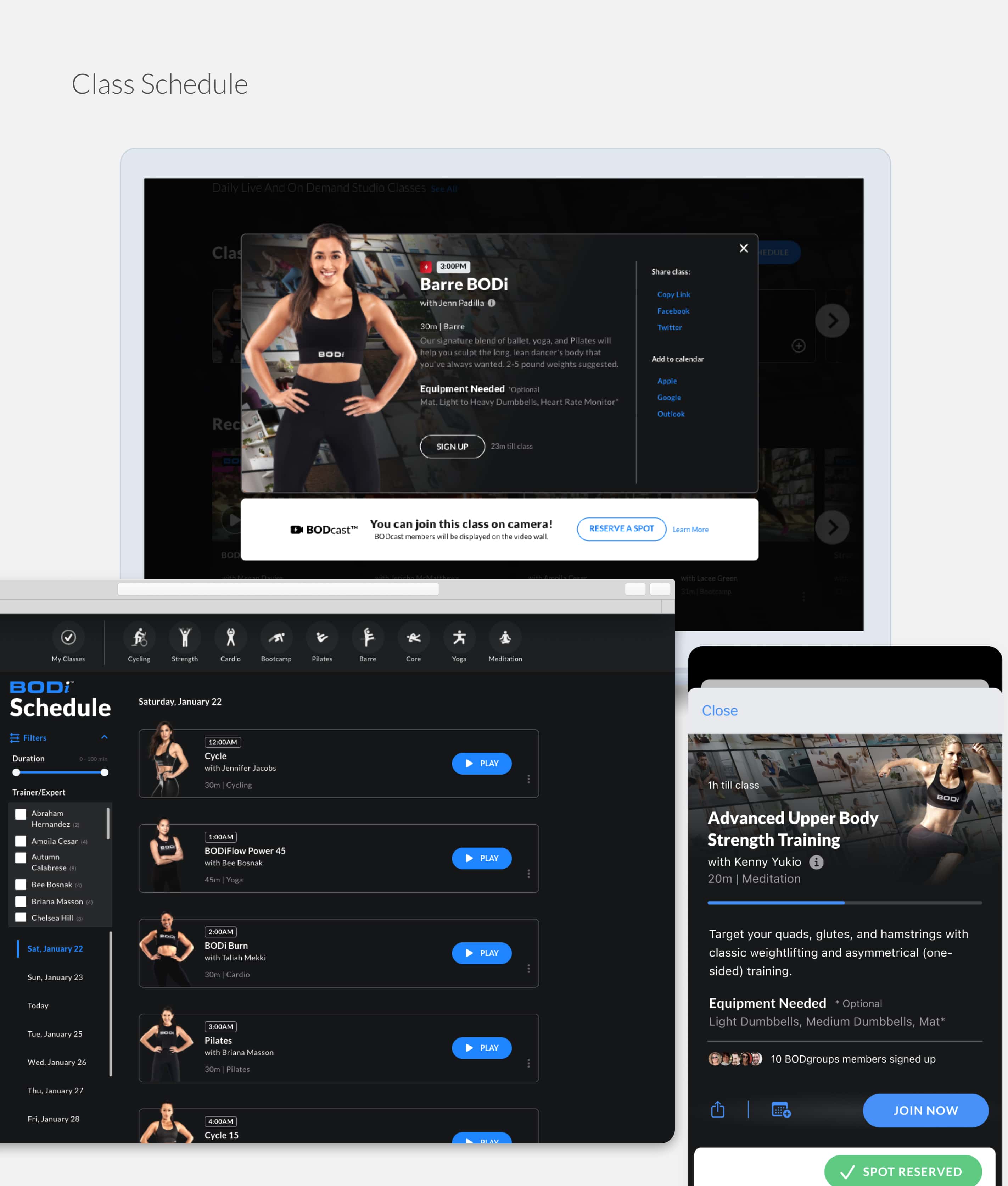 BODi class schedule with filters and class detail
